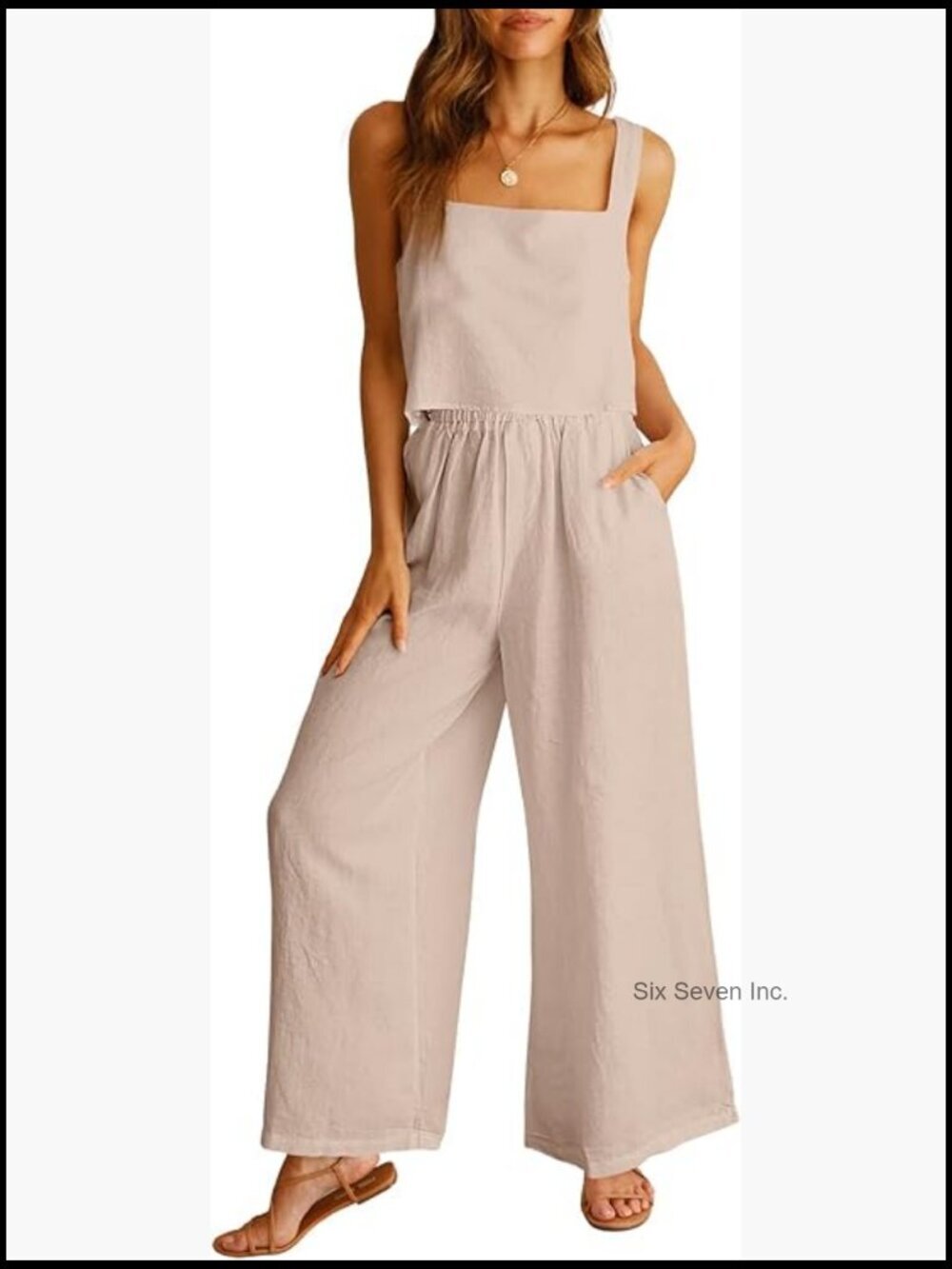 Linen Rayon 2 Piece Set Crop Tank Wide Leg Pants Lounge Wear